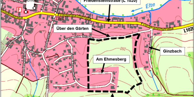 Übersichtslageplan mit Geltungsbereich (schwarz gestrichelt) des Bebauungsplans „Am Ehmesberg BA II“ der Gemeinde Gerstungen (Kartengrundlage: Übersicht DTK; ©Quelle: GDI-Th © I GeoBasis-DE © / BKG 2024; ohne Maßstab) karte p plan am ehmesberg
